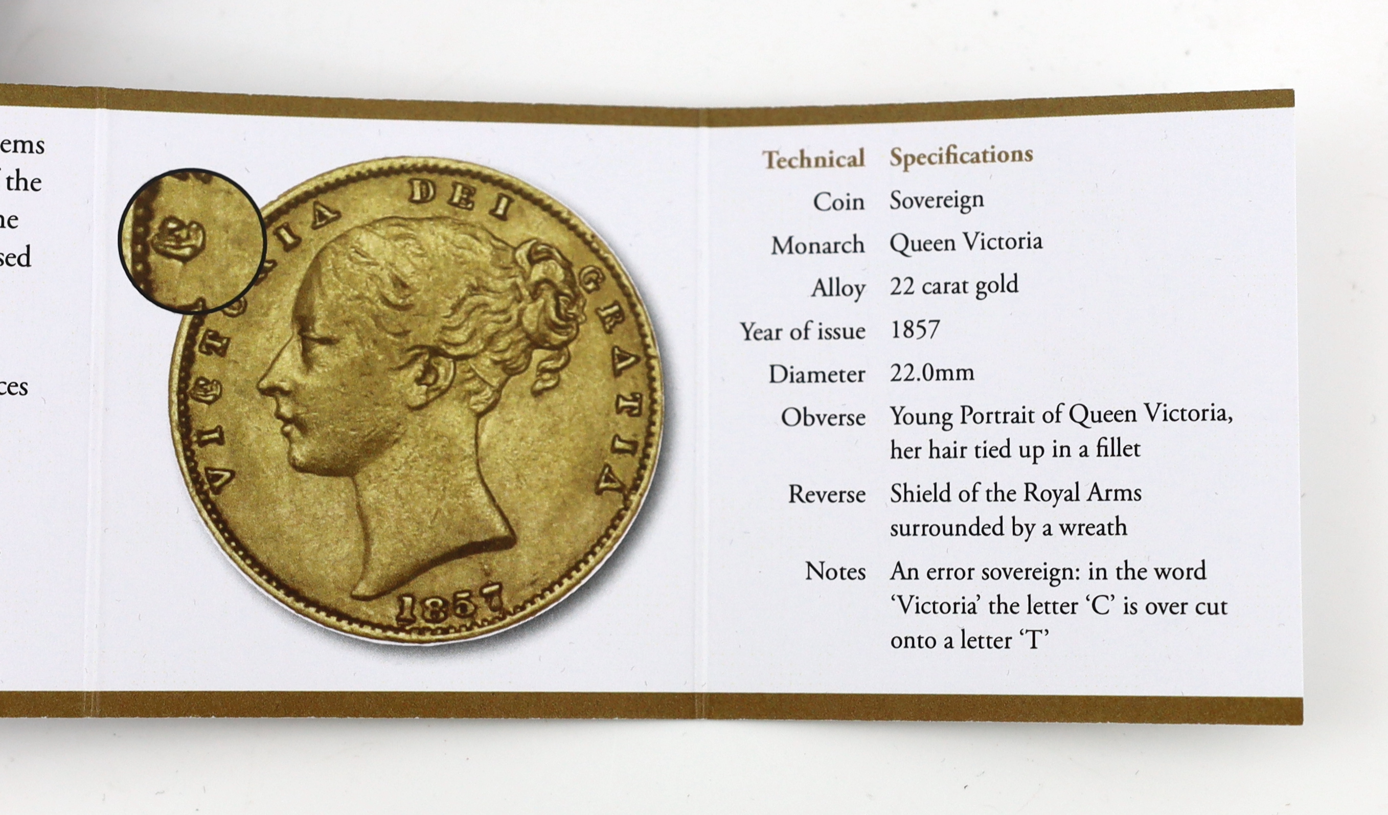 British gold coins, Victoria sovereign 1857 C over blundered T, Fine